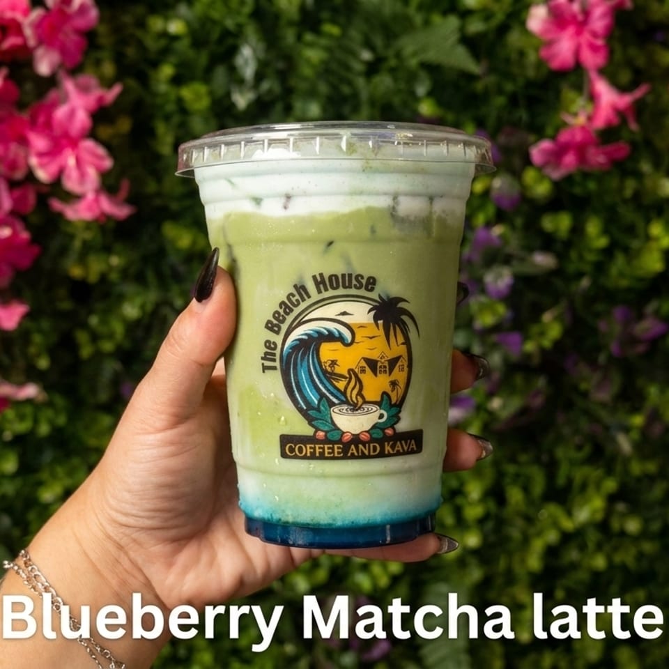 Blueberry matcha latte from Beach House Coffee and Kava