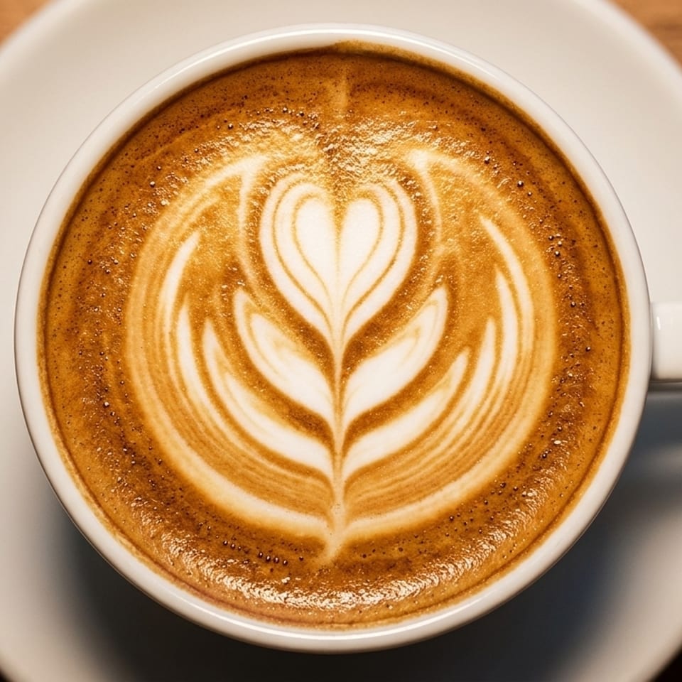 Latte art with heart and leaf design