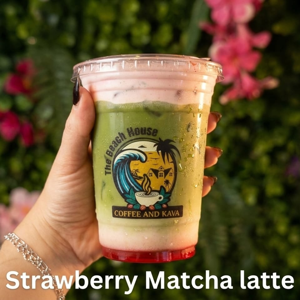 Strawberry matcha latte from Beach House Coffee and Kava
